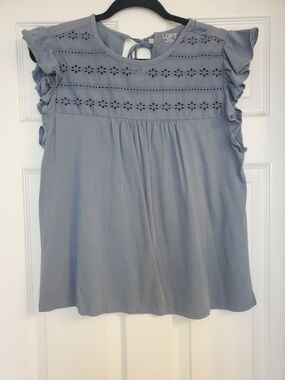 LOFT Light Blue Eyelet Ruffle Sleeve Blouse